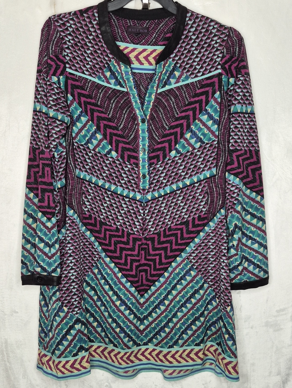 Hale Bob Geometric Chevron‎ V-Neck Shift Dress Purple Pink Teal Blue Large